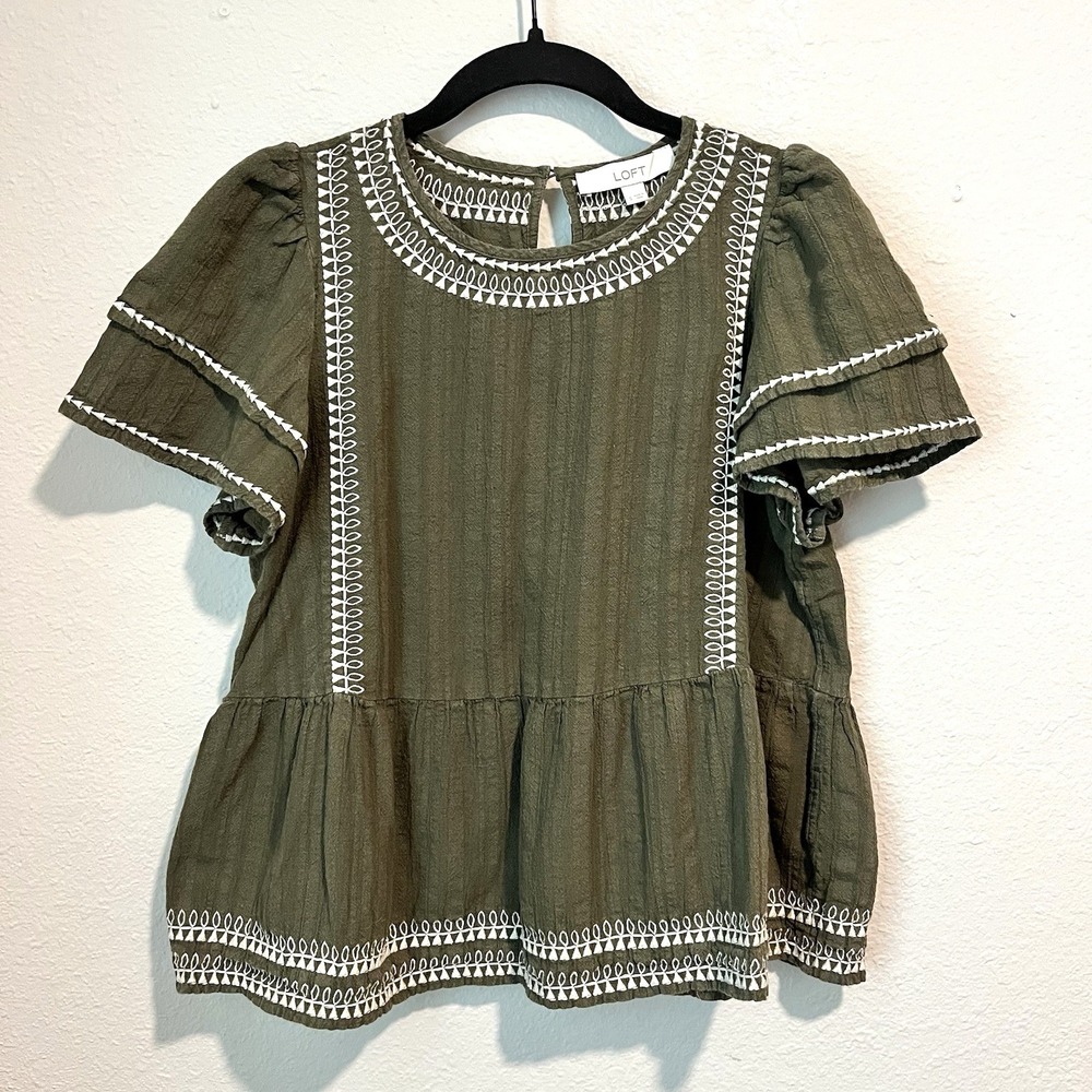 LOFT Blouse Top Size S Olive Embroidered Flutter Sleeve Peplum Boho Cottagecore